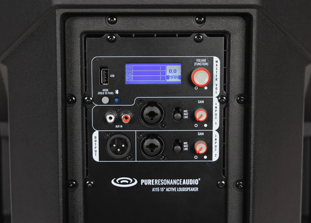 Pure Resonance Audio A115 600W 15 Inch 2-Way Bluetooth Speaker
Control panel of a Pure Resonance Audio active loudspeaker with various connectors and buttons.