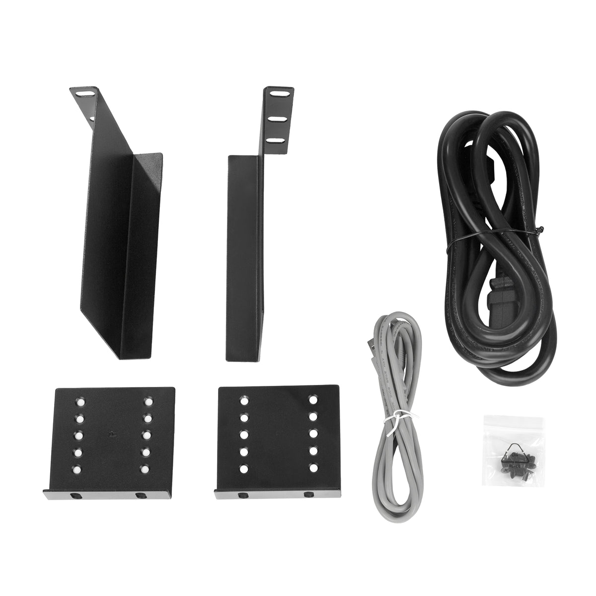 Set of black metal brackets and cables on a white background