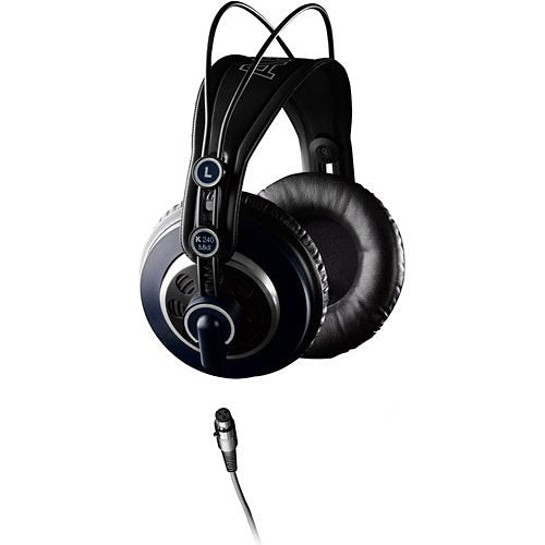 Over-Ear Stereo Headphones with a semi-open design and advanced 30mm transducers. The headphones are black with a blue and red accent on the earcup.