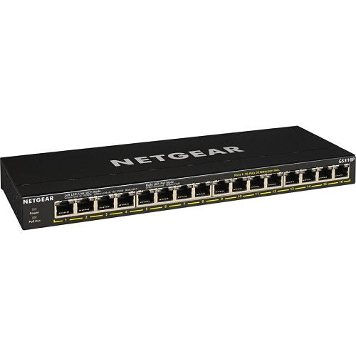 Netgear GS316P 16-Port Gigabit PoE+ Switch 115W FlexPoE NETGEAR network switch with multiple ports on a white background
