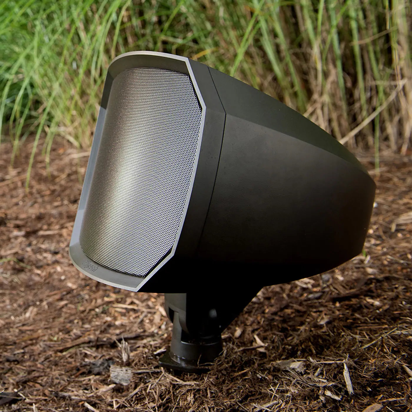 Klipsch PRO-500T-LS 5 Inch Outdoor Satellite Landscape Speaker
Black outdoor speaker on a natural ground surface with greenery in the background