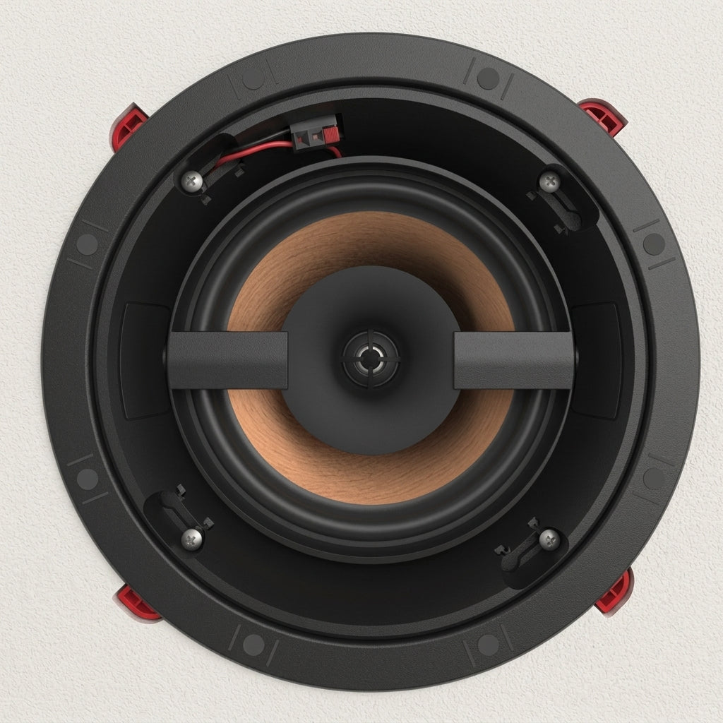 A top-down view of a circular in-ceiling speaker with a black frame, a dark gray central cone, and a tan wood-grain inner ring, set against a light textured background.