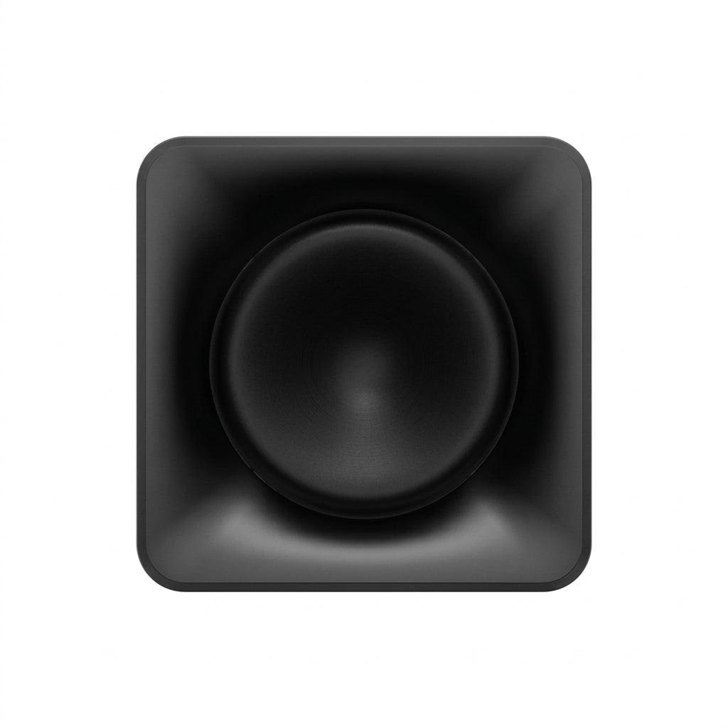 A black square wall-mounted speaker with a circular front driver, shown against a plain white background.