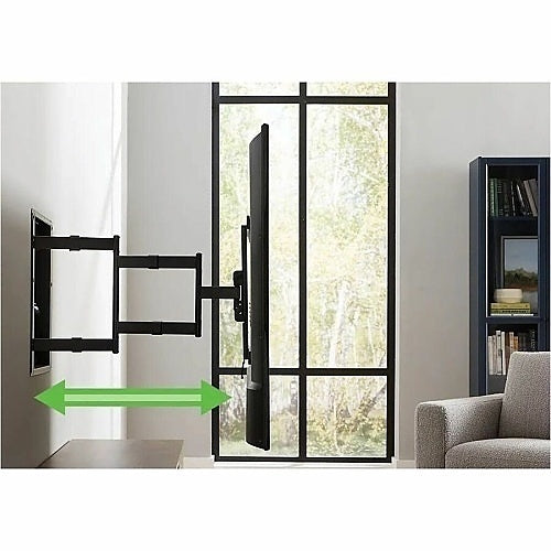 Sanus VIWLF128-B2 In-Wall Full Motion TV Wall Mount 42–85 Inch
Wall-mounted TV bracket in a living room setting with a green arrow indicating movement.