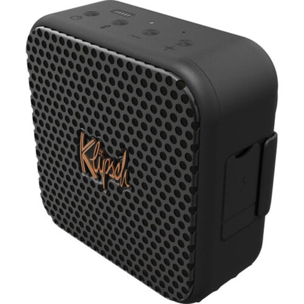 Klipsch Austin 18W Portable Bluetooth Speaker Waterproof Microphone
Black Klipsch portable speaker on a white background