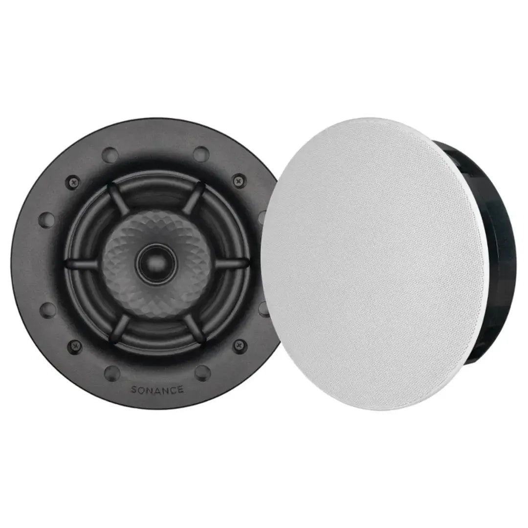 Two ceiling speakers, one black and one white, on a white background.