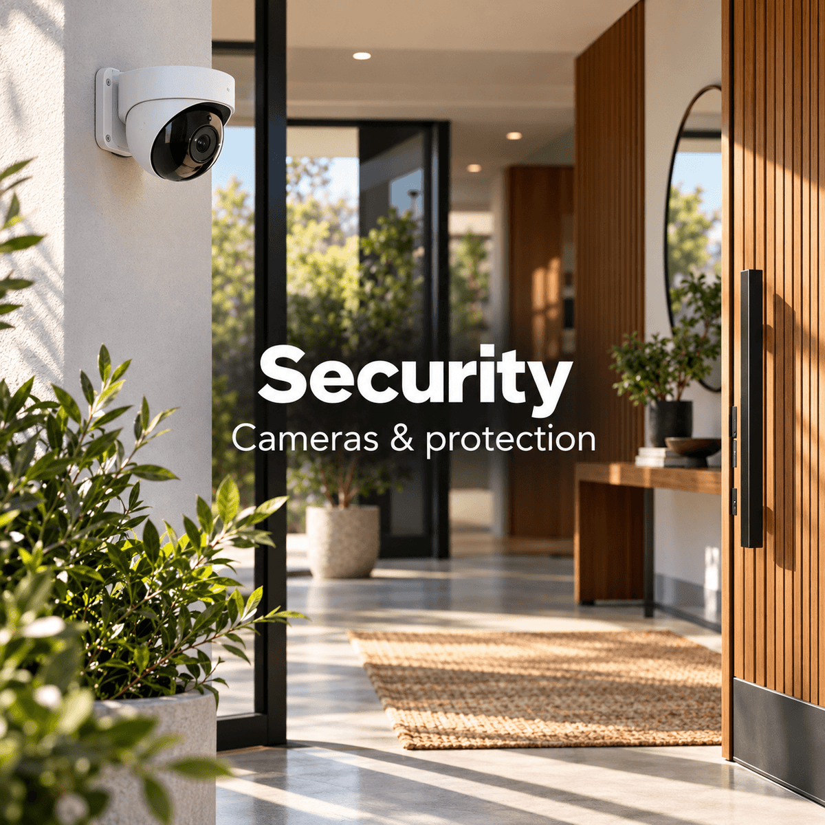 A white dome security camera mounted on a light-colored exterior wall, shown in a modern entryway with large glass doors, plants, and the text 'Security Cameras & protection' overlaid in the center.