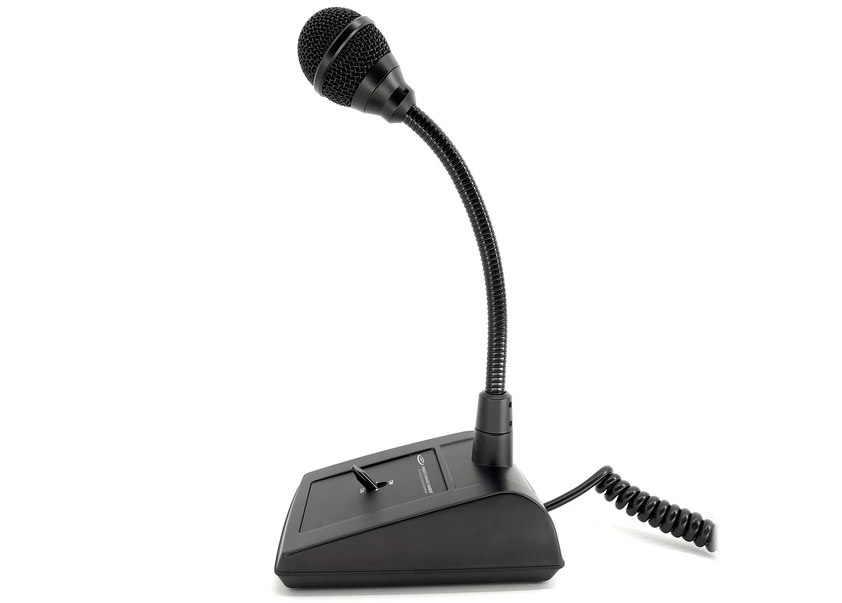 Pure Resonance Audio PTT1 Desktop Paging Mic Push-to-Talk
Black microphone with a flexible arm on a white background