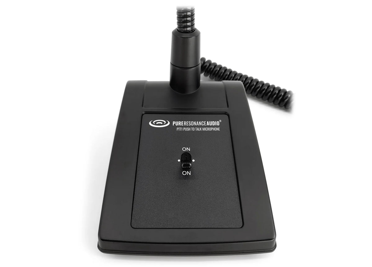 Pure Resonance Audio PTT1 Desktop Paging Mic Push-to-Talk
Black audio device with coiled cable on a white background