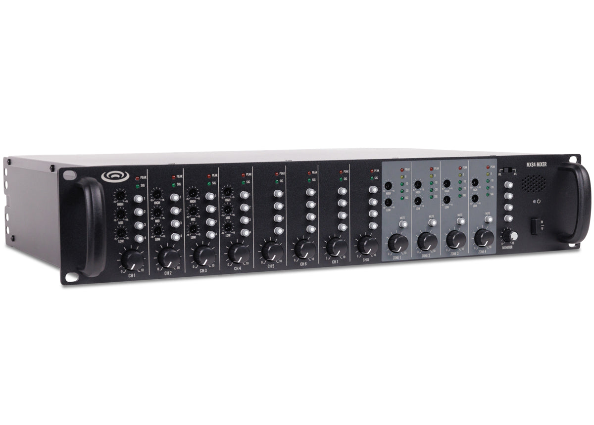 Pure Resonance Audio MX84 Multi-Zone 8-Channel 4-Zone Mixer Front side angle