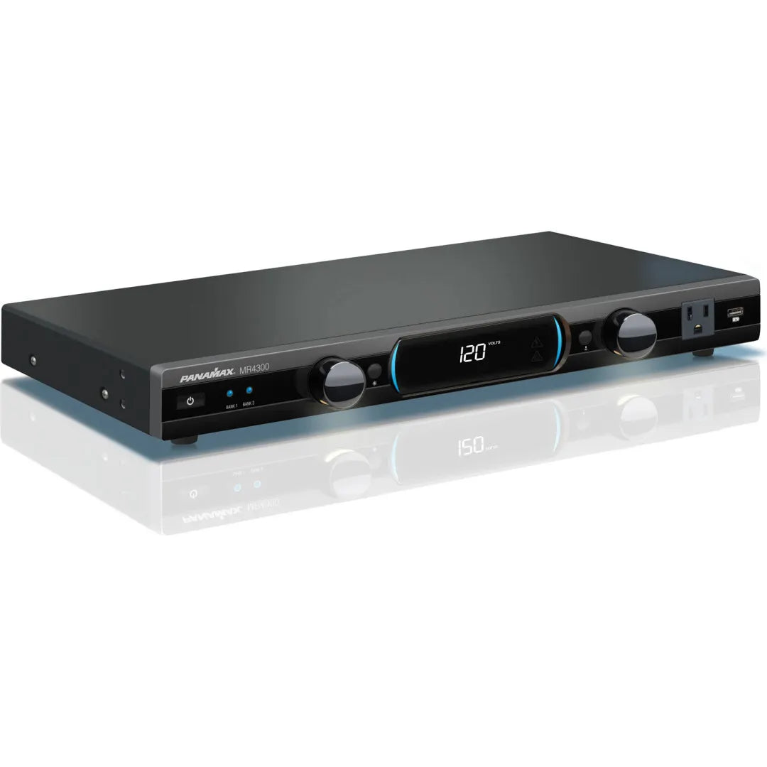 Panamax MR4300 9-Outlet AV Power Conditioner Surge Protector
Black electronic device with digital display on a white background