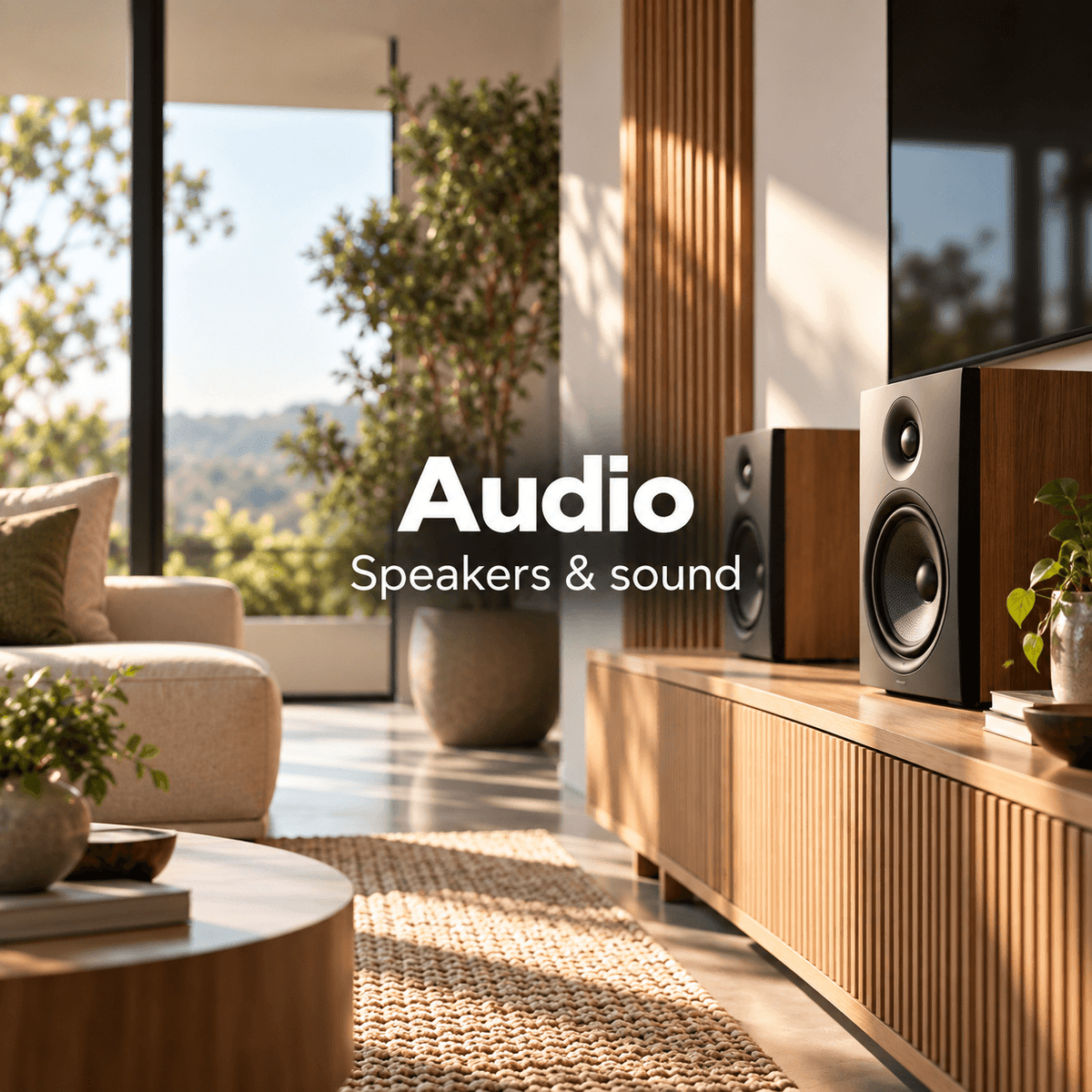 A modern living room scene with two black and wood audio speakers on a wooden media console, with large windows, plants, and the text 'Audio Speakers & sound' overlaid in the center.