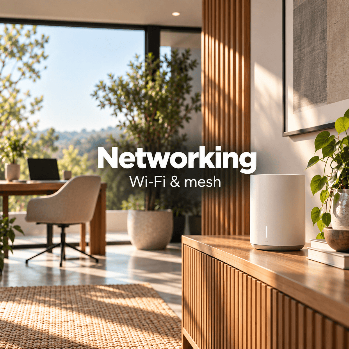 A modern home office interior with a white cylindrical networking device on a wooden console, alongside text reading 'Networking Wi-Fi & mesh' over a bright, sunlit room with plants and a desk.