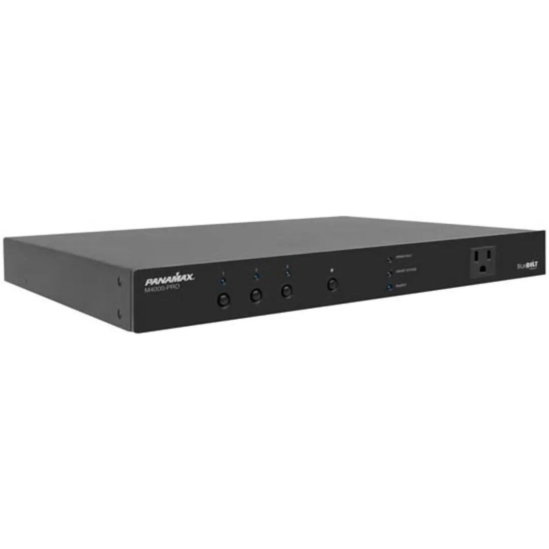 Panamax M4000-PRO 8-Outlet Power Conditioner BlueBOLT AV Systems
Black electronic device with multiple ports on a white background