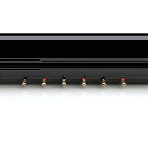 Close-up of a black electronic device with multiple connectors on a white background