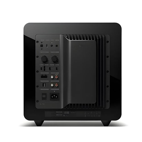 KEF KC92BL Compact Dual 9 Inch 1000W Force Cancelling Subwoofer
Black subwoofer with connectivity ports on a white background