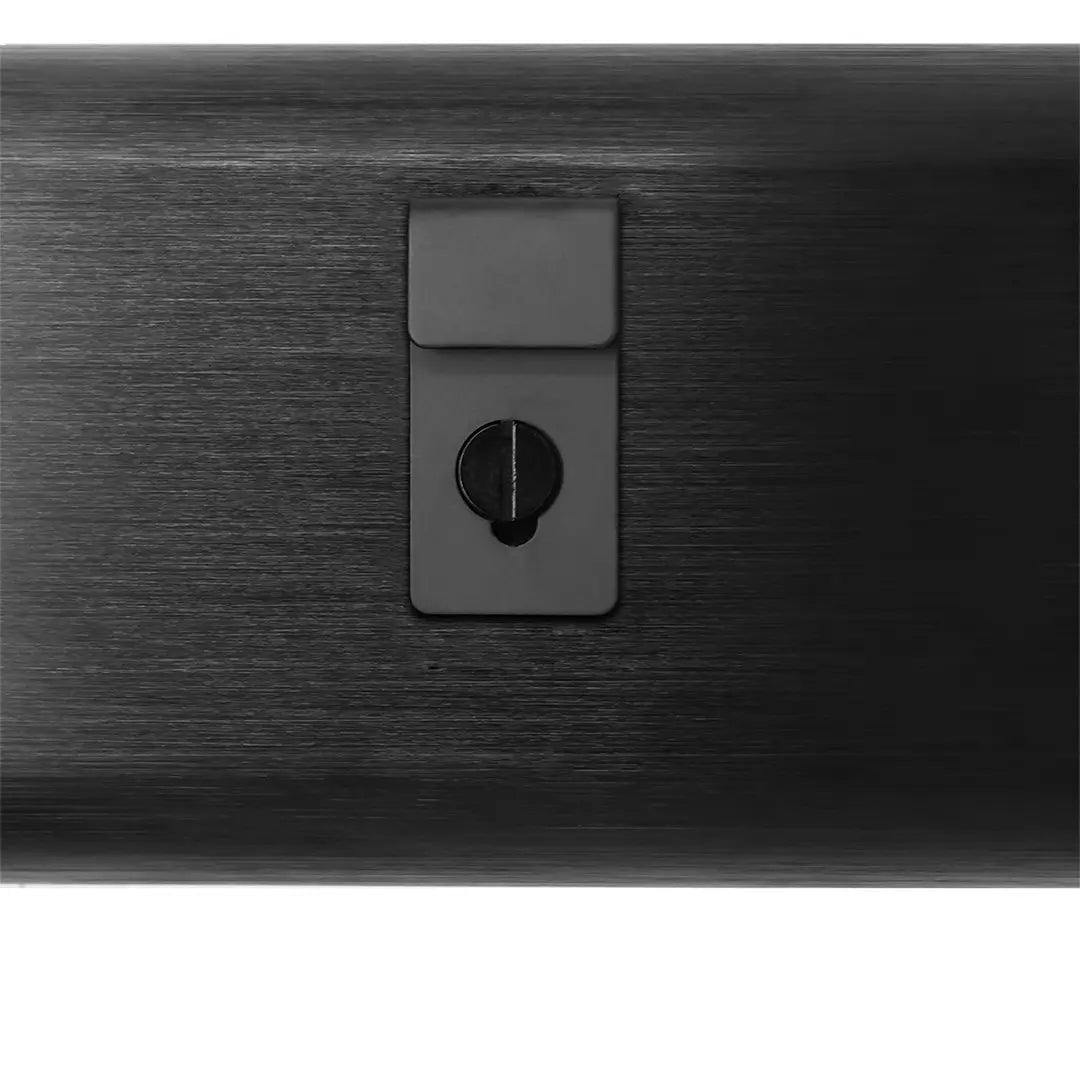 Elura LCR1 Passive 1-Channel Wall Mountable Speaker Close-up of a black metal lock on a wooden surface
