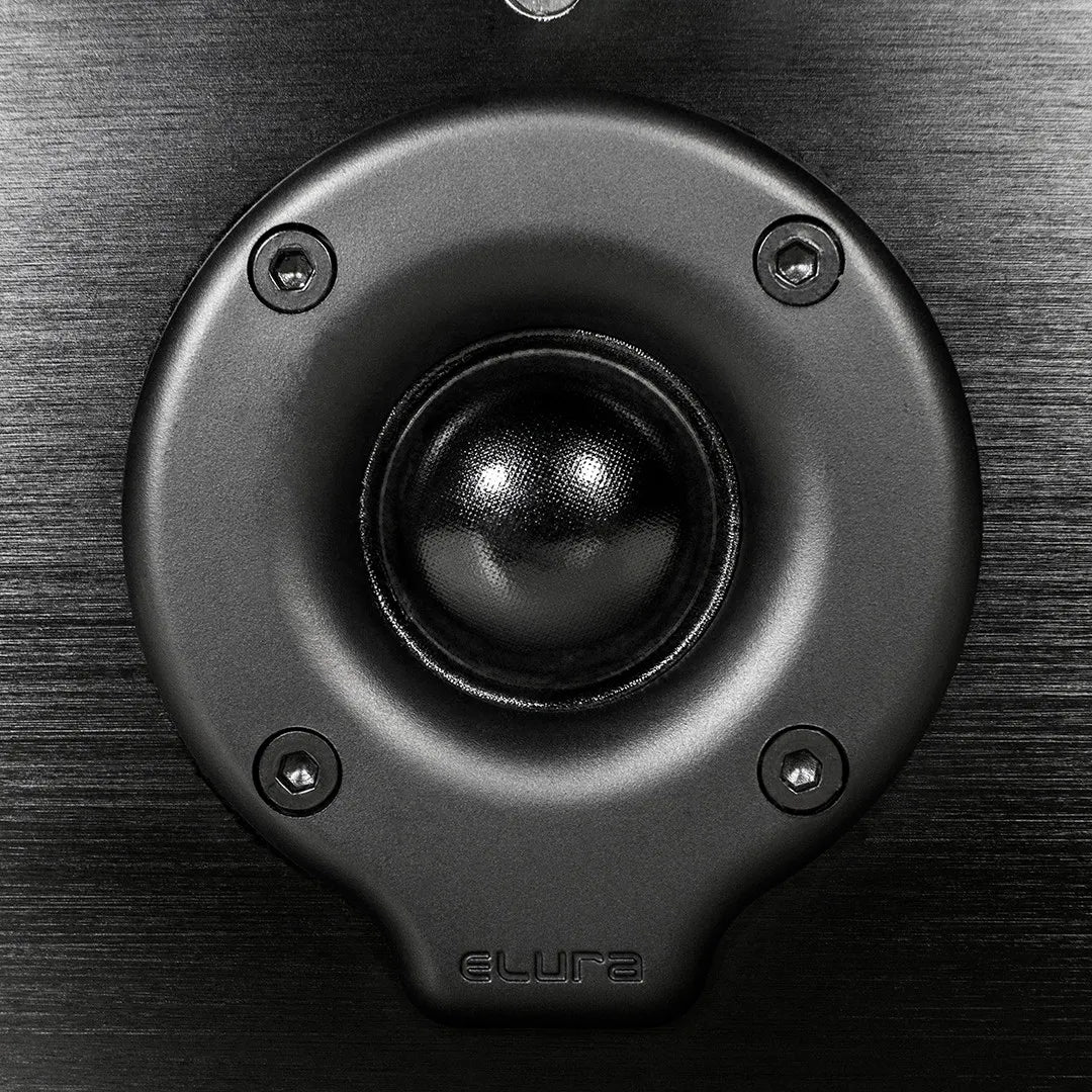 Elura LCR1 Passive 1-Channel Wall Mountable Speaker
Close-up of a black speaker cone with 'Elura' branding on a dark background