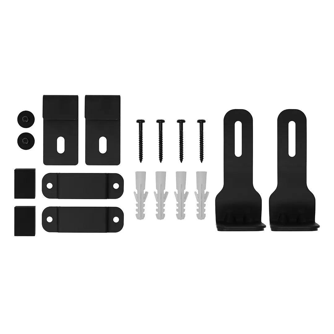 Elura LCR1 Passive 1-Channel Wall Mountable Speaker Set of black hardware components including brackets and screws on a white background