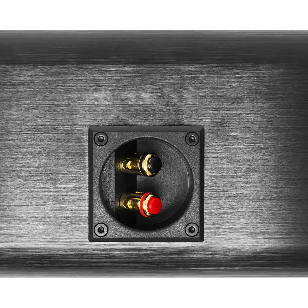Elura LCR1 Passive 1-Channel Wall Mountable Speaker Close-up of audio cable connectors on a metallic surface