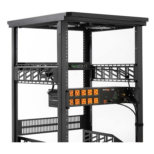 WattBox WB-800-FP 800 Series Faceplate for Rack Mount Power Monitoring on a rack side angel view