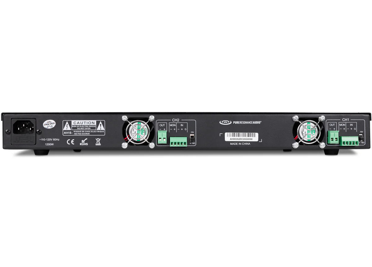 Pure Resonance Audio DA2500 2-Channel 500W 70V Power Amplifier
Back view of a amp with various labels and connectors on a white background