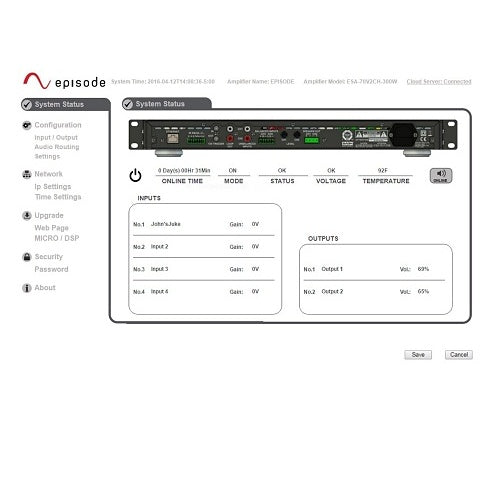 Episode ESA-70V2CH-300W 70V IP Amplifier 300W 2-Channel
Episode amplifier control panel with system status display on a white background