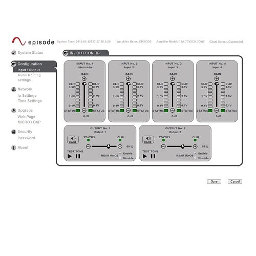 Episode ESA-70V2CH-150W 70V IP Amplifier 150W 2-Channel
Episode audio interface configuration screen with various controls and status indicators.