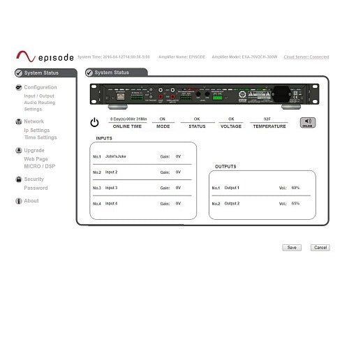 Episode amplifier control panel with status display on a white background