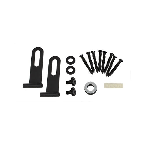 Episode ES-500T-SNDBR-40-BLK Thin Passive Soundbar 46-52 Inch
Set of black metal brackets and screws on a white background