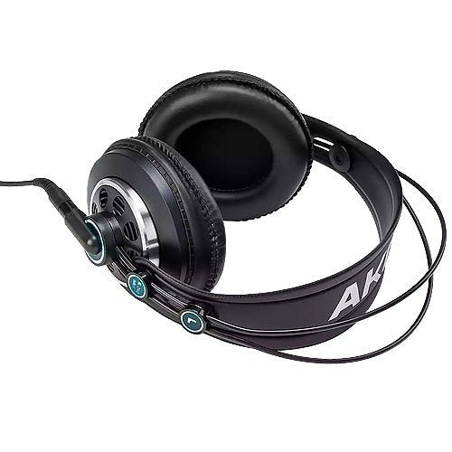 AKG Over-Ear Stereo Headphones with a semi-open design and advanced 30mm transducers. The headphones are black with a blue and red accent on the earcup Bottom view