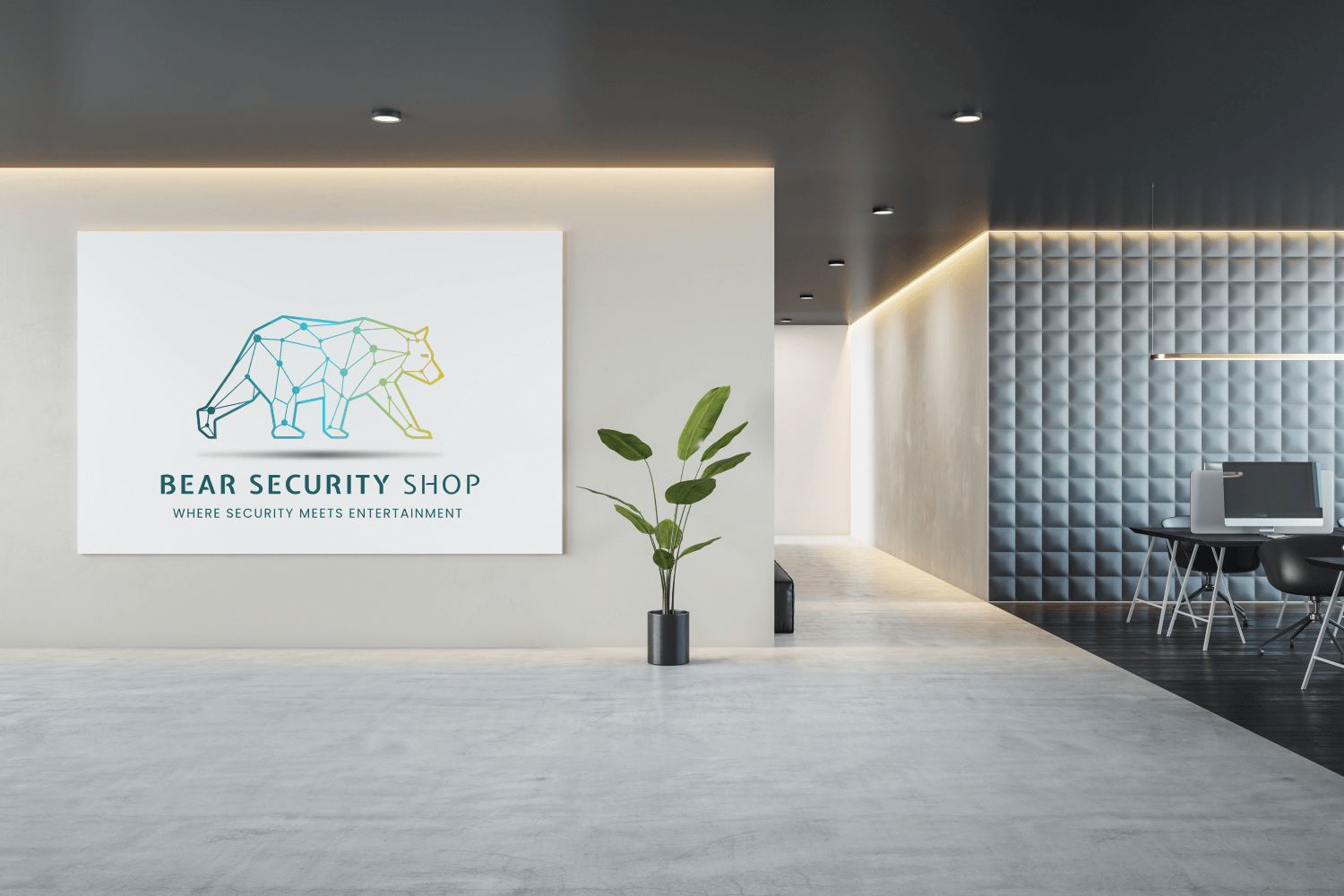 Office image with a whiteboard and Bear Security Shop Logo