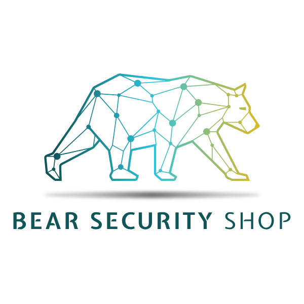 Bear image with networking dots and a text below Bear Security Shop Wide size