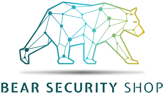 Bear image with networking dots and a text below Bear Security Shop Wide size