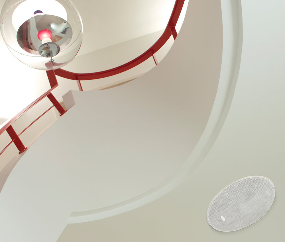 KEF CI200.2CR 8 Inch Slim Bezel Round In-Ceiling Single Speaker
Ceiling light fixture with red accents on a white ceiling