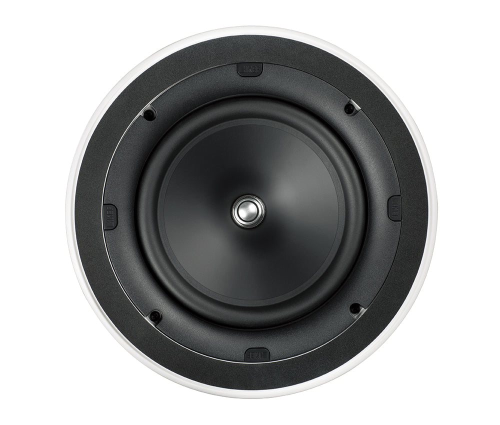 KEF CI200ER 8 Inch Round In-Ceiling Uni-Q Driver Single Speaker
Round black speaker with white rim on a white background