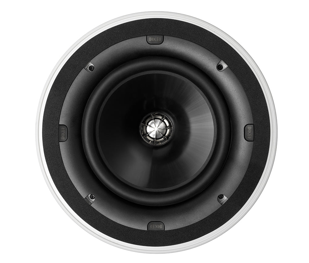 KEF CI200QR 8 Inch Round In-Ceiling Single Speaker Uni-Q Driver
Ceiling speaker with black cone and silver rim on a white background