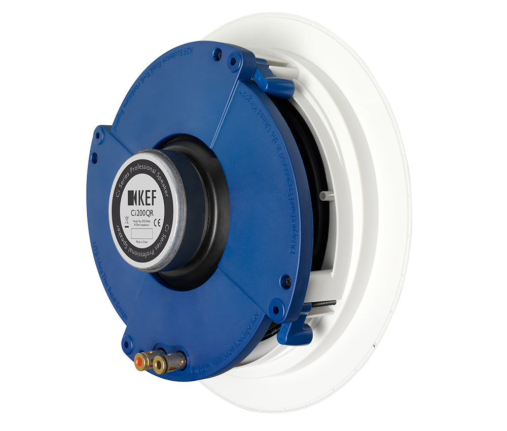 KEF CI200QR 8 Inch Round In-Ceiling Single Speaker Uni-Q Driver
Blue and white speaker with KEF logo on a white background