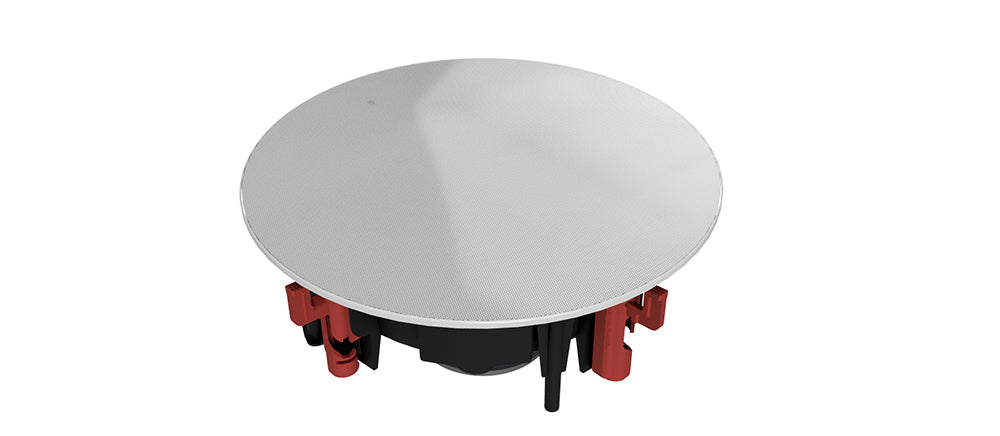 Klipsch DS-160CDT 6.5 Inch In-Ceiling Speaker Pivoting Tweeter
Round white object with red and black base on a white background