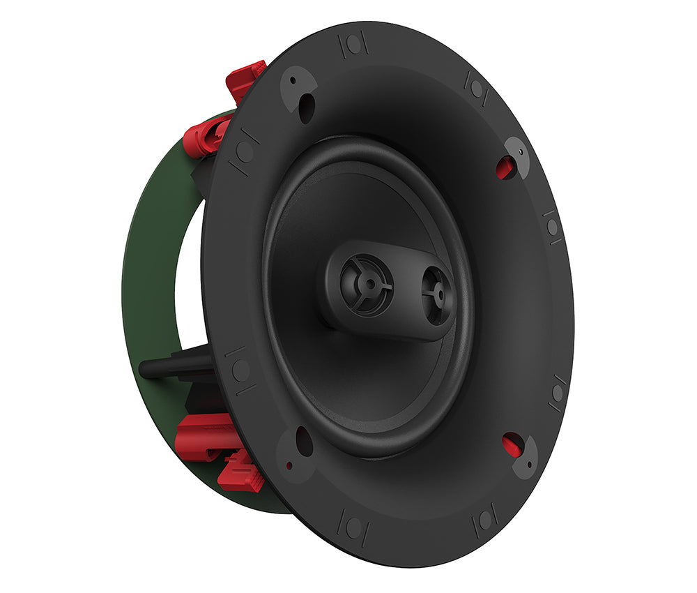 Klipsch DS-160CSM 6.5 Inch In-Ceiling Speaker Dual Tweeter Design
Black speaker with red and green accents on a white background