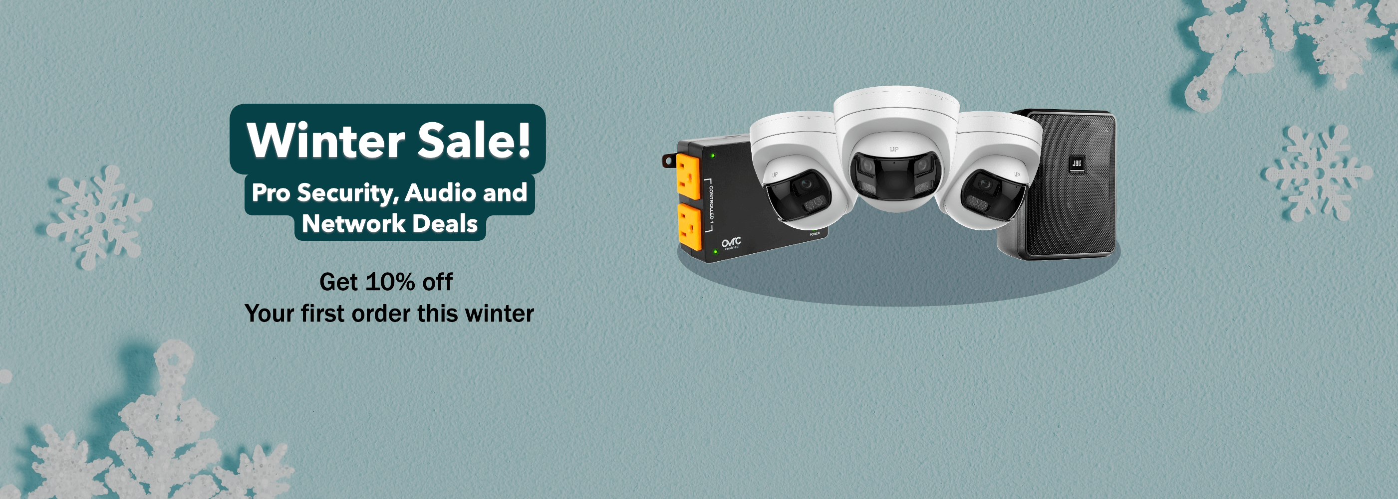 Security camera system with winter sale text on a light blue background