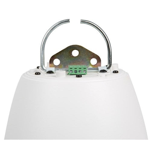 White Episode ECS-800-PND4 4 Inch 70V Ceiling Pendant Speaker with metal fixture on a white background