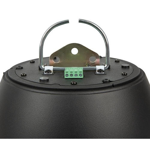 Episode ECS-800-PND6-BLK 800 Series 6 Inch 70V Pendant Speaker
Close-up of a black speaker object with metal components and a green connector on a white background