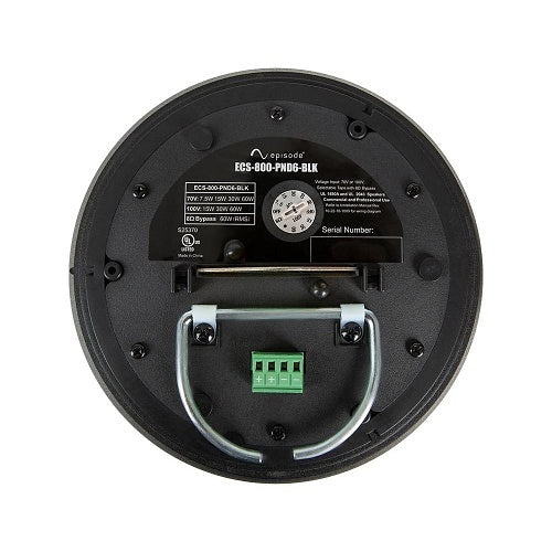 Episode ECS-800-PND6-BLK 800 Series 6 Inch 70V Pendant Speaker
Back view of a black electronic component with branding and specifications on a white background