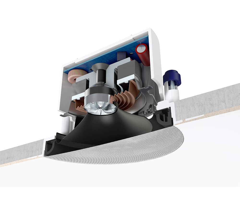 KEF Ci130QRfl 5.25 Inch Ceiling Round Frameless Single Speaker
Ceiling light fixture with visible wiring and components on a white background