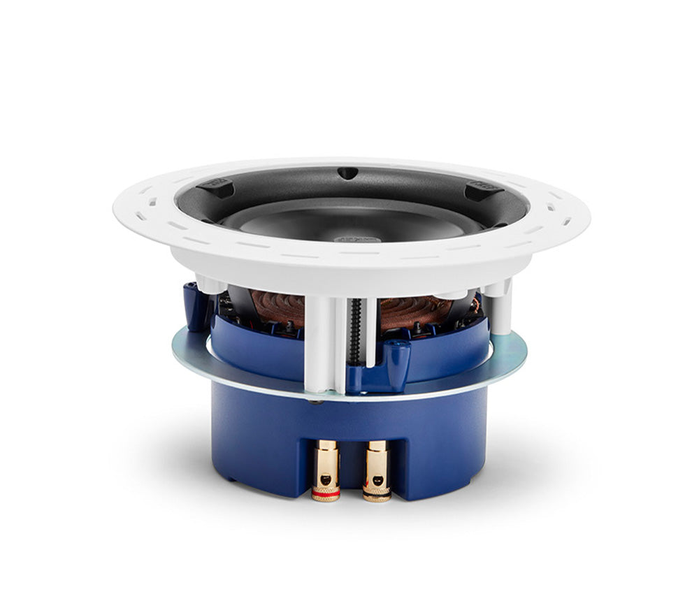 KEF Ci130QRfl 5.25 Inch Ceiling Round Frameless Single Speaker
Speaker driver unit with blue sub-woofer and white surround on a white background