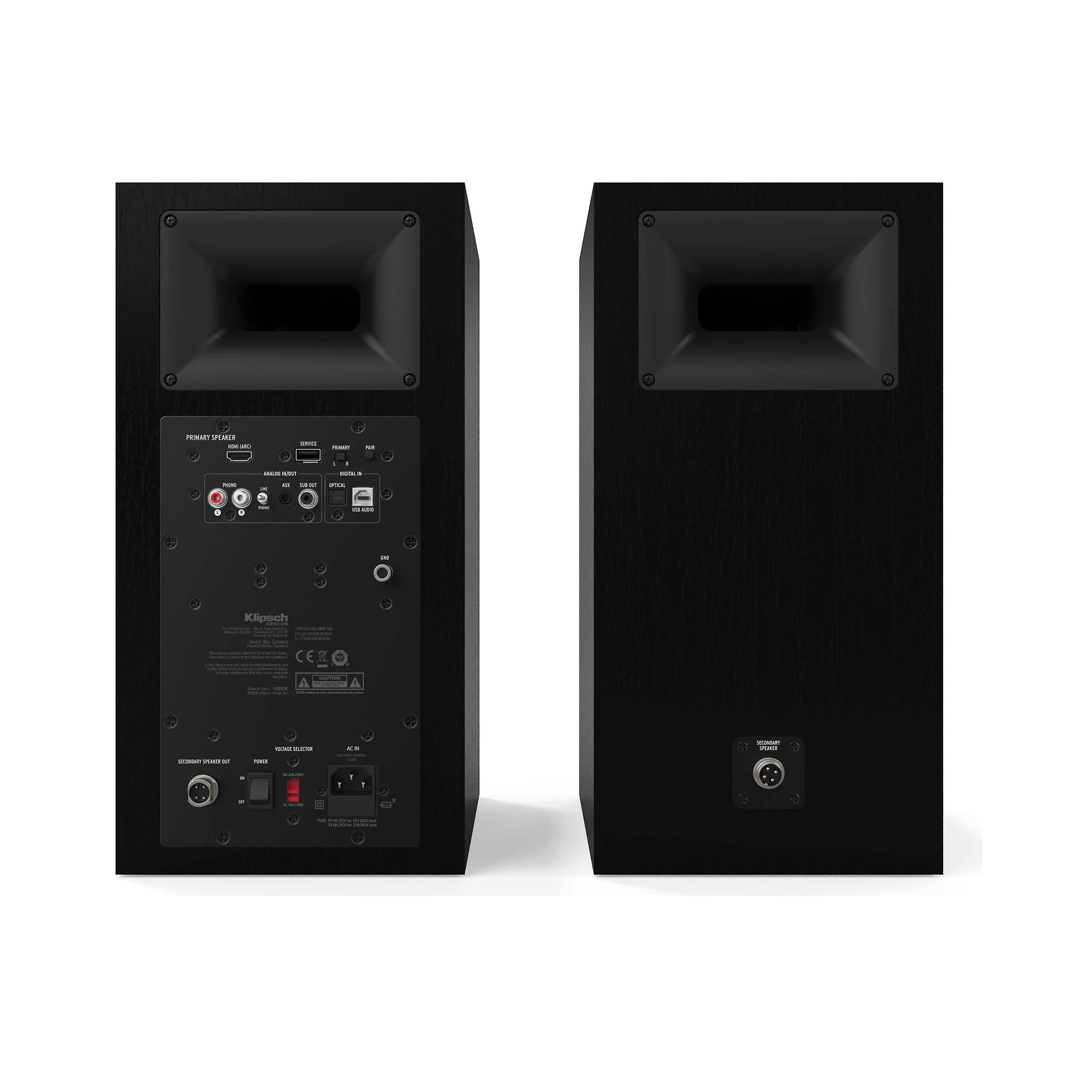 Klipsch The Sevens Wireless Powered Speakers 400W Bluetooth Pair
Pair of black speakers with one showing the back panel on a white background