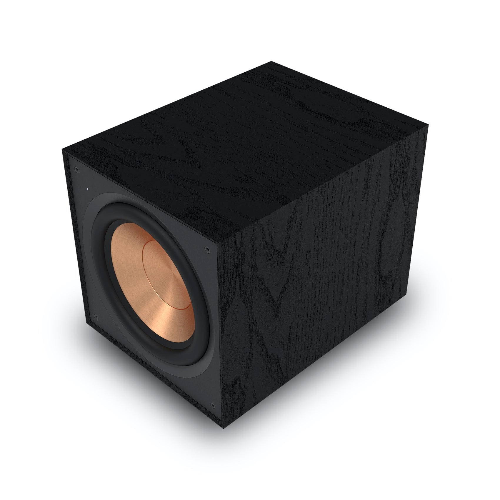 Klipsch R-101SW 10 Inch Front-Firing Powered 150W TCP Subwoofer
Black cube-shaped speaker with a gold center on a white background