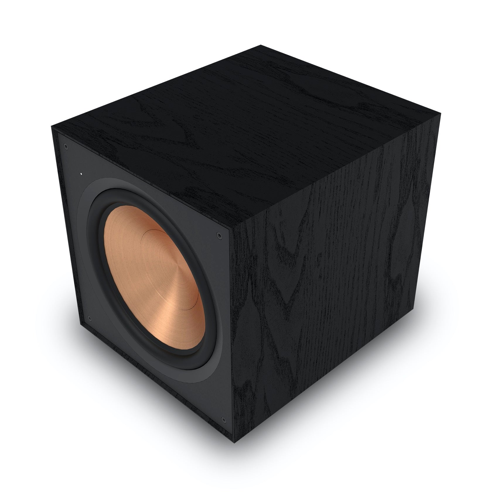 Klipsch R-121SW 12 Inch Front-Firing Powered Subwoofer 200W
Black subwoofer with a gold driver on a white background