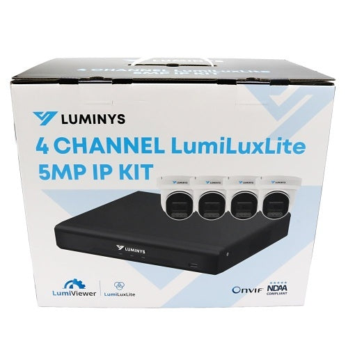 Luminys 4 Channel LumiLuxLite 5MP IP Kit packaging on a white background